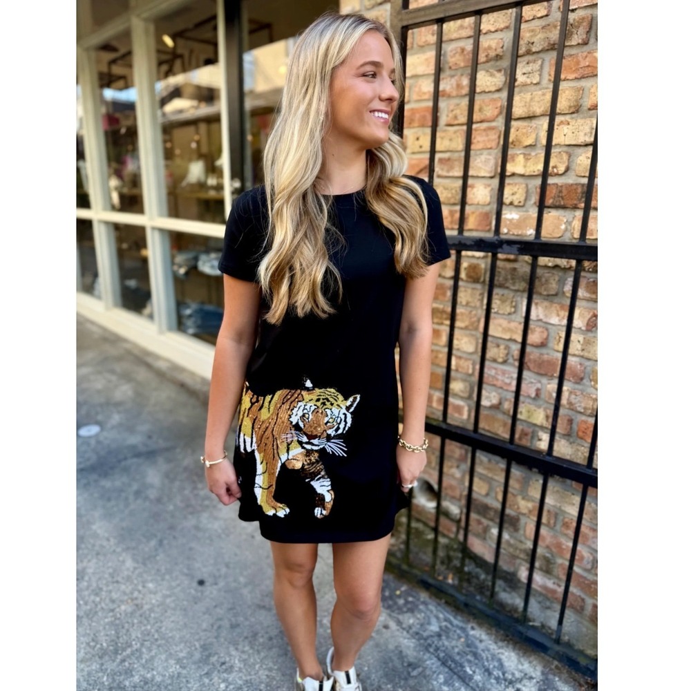 Sparkle City Tiger Wrap Around Dress Black Sequin Graphic Mini Medium
